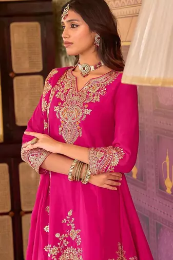 Floral Embroidered Sequinned Chinon A-Line Kurta With Palazzos & Dupatta