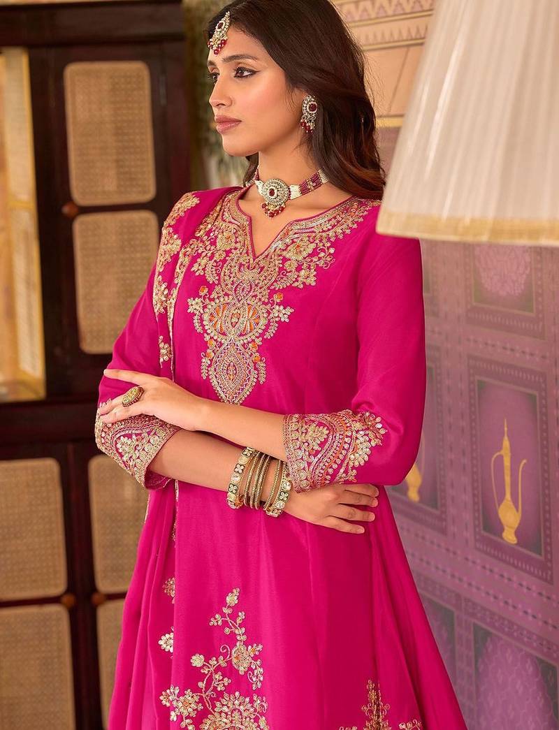 Floral Embroidered Sequinned Chinon A-Line Kurta With Palazzos & Dupatta