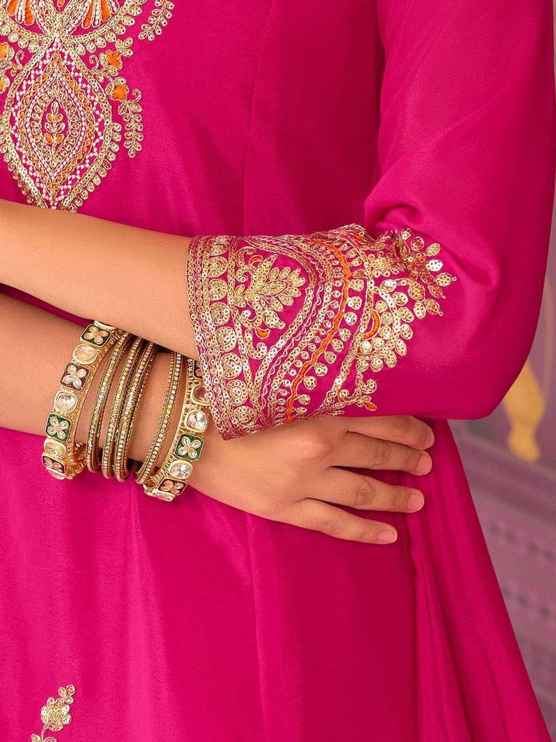 Floral Embroidered Sequinned Chinon A-Line Kurta With Palazzos & Dupatta