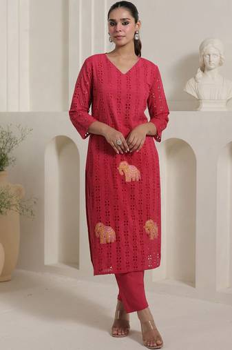 Women Self Design Regular Pure Cotton Kurta with Trousers