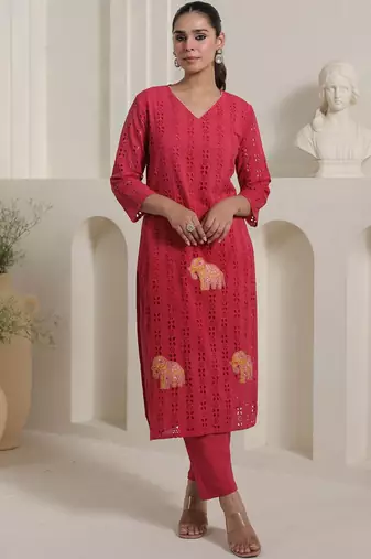 Women Self Design Regular Pure Cotton Kurta with Trousers