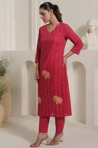 Women Self Design Regular Pure Cotton Kurta with Trousers
