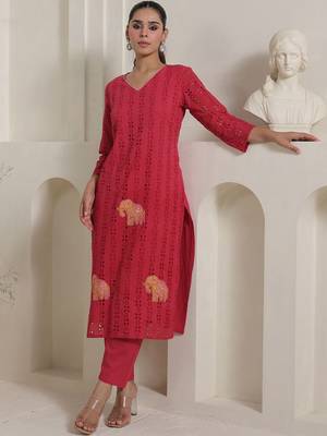 Women Self Design Regular Pure Cotton Kurta with Trousers 5
