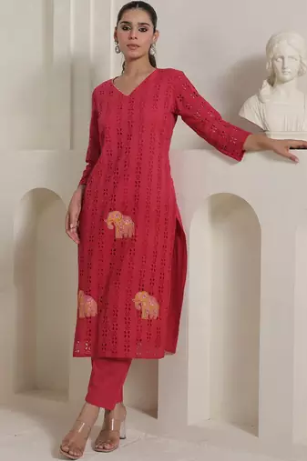 Women Self Design Regular Pure Cotton Kurta with Trousers
