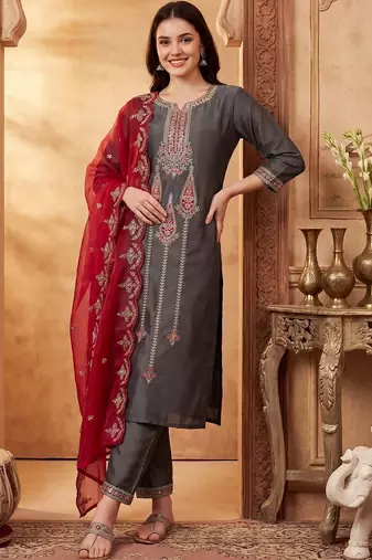 Women Ethnic Motifs Embroidered Regular Thread Work Kurta with Trousers & With Dupatta