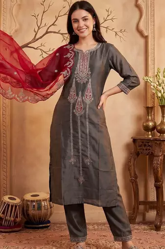 Women Ethnic Motifs Embroidered Regular Thread Work Kurta with Trousers & With Dupatta