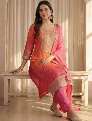 Women Bandhani Printed Regular Sequinned Kurta with Trousers & With Dupatta 1