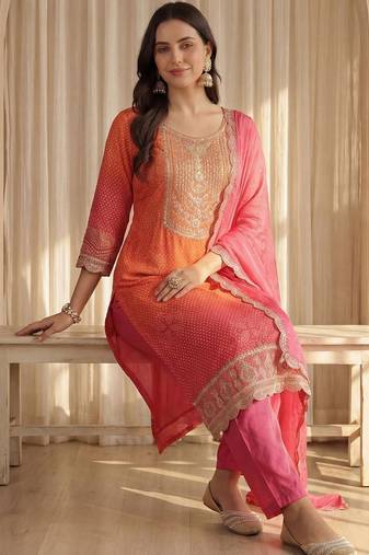 Women Bandhani Printed Regular Sequinned Kurta with Trousers & With Dupatta