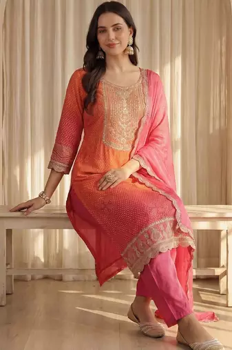 Women Bandhani Printed Regular Sequinned Kurta with Trousers & With Dupatta