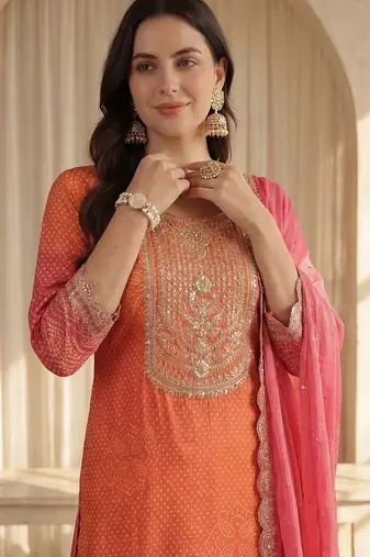 Women Bandhani Printed Regular Sequinned Kurta with Trousers & With Dupatta