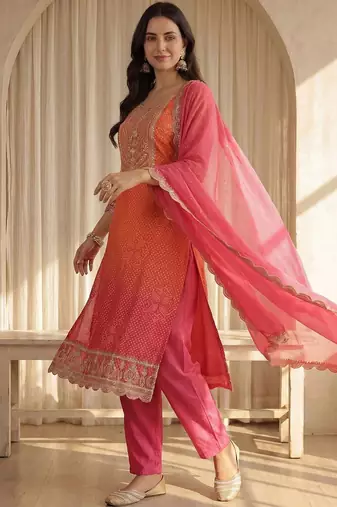 Women Bandhani Printed Regular Sequinned Kurta with Trousers & With Dupatta