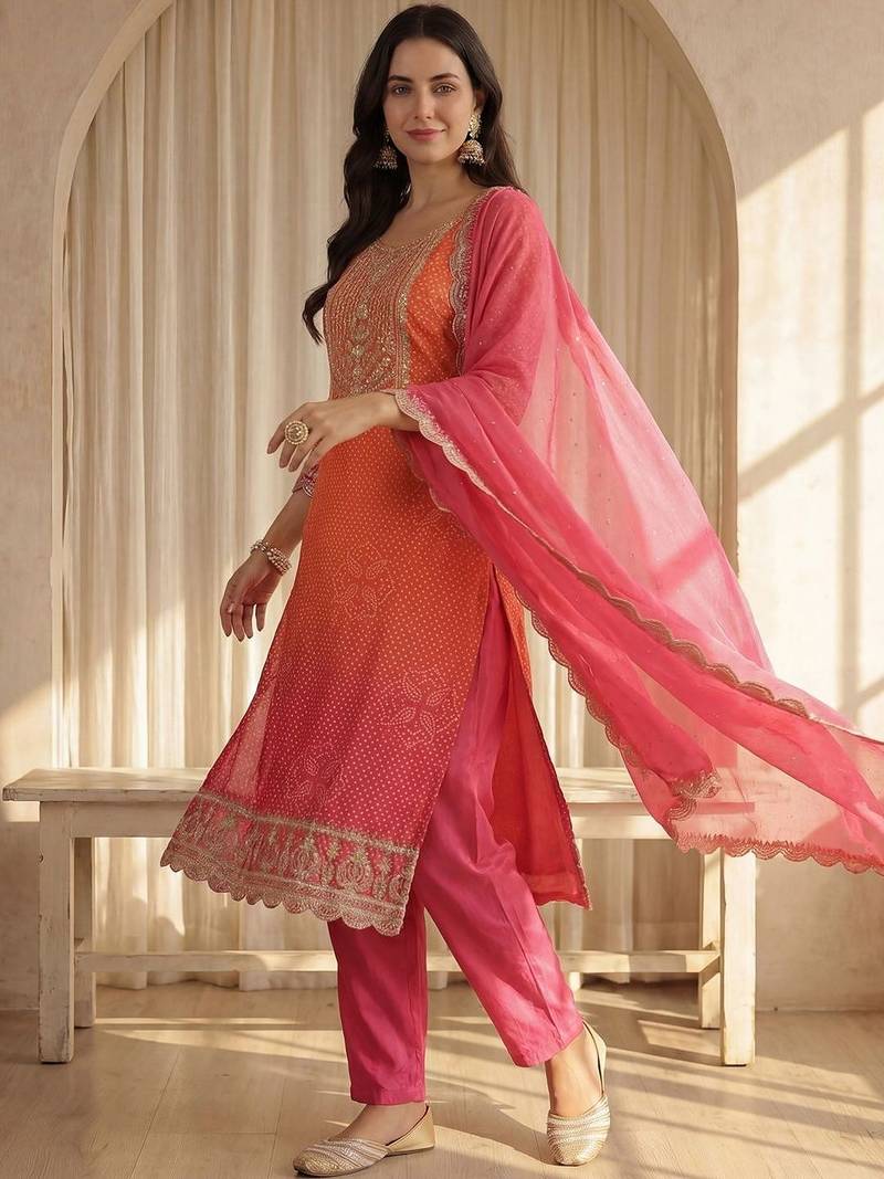 Women Bandhani Printed Regular Sequinned Kurta with Trousers & With Dupatta