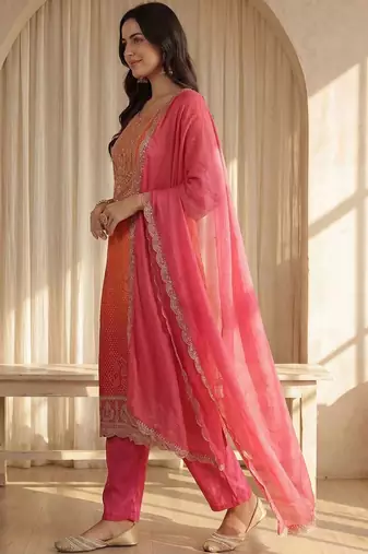 Women Bandhani Printed Regular Sequinned Kurta with Trousers & With Dupatta