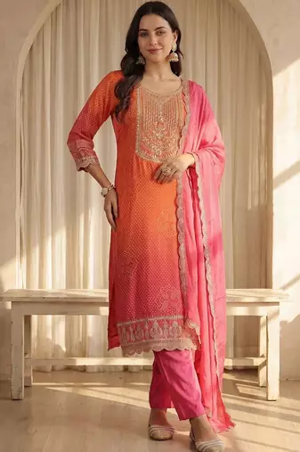 Women Bandhani Printed Regular Sequinned Kurta with Trousers & With Dupatta