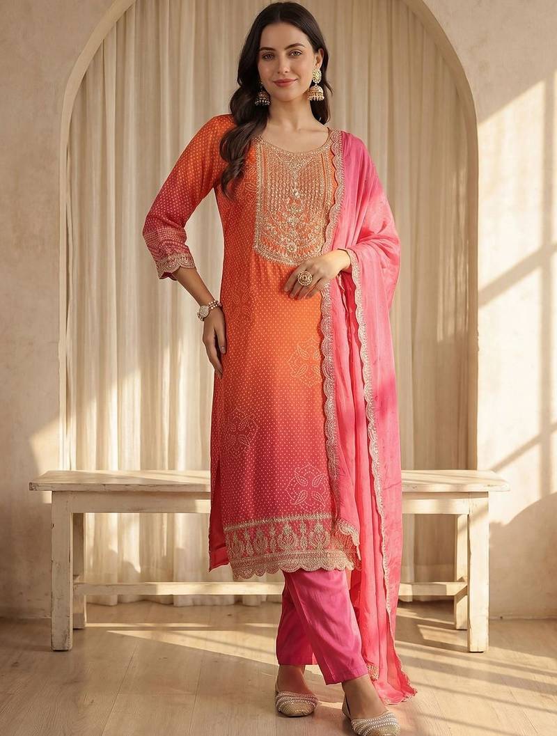 Women Bandhani Printed Regular Sequinned Kurta with Trousers & With Dupatta