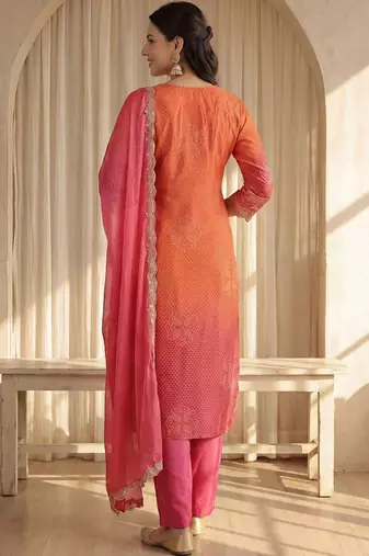 Women Bandhani Printed Regular Sequinned Kurta with Trousers & With Dupatta