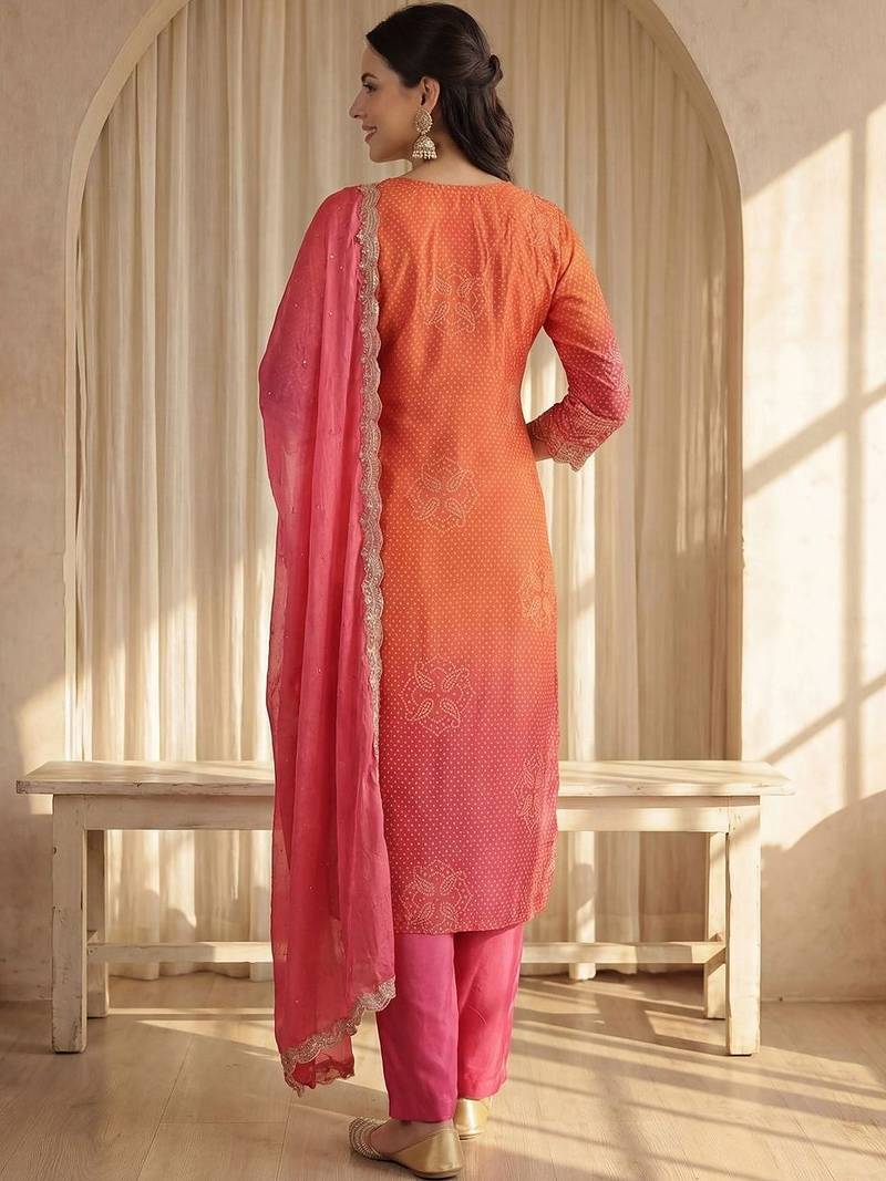 Women Bandhani Printed Regular Sequinned Kurta with Trousers & With Dupatta
