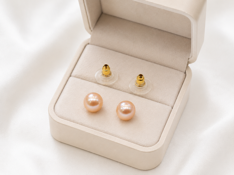 Pink freshwater pearl stud earrings with gold-tone backs