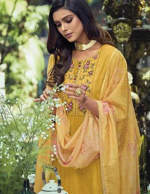 Yellow Yoke Design Thread Work Pure Cotton Kurta With Trousers & Dupatta 2