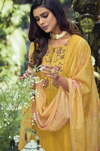 Yellow Yoke Design Thread Work Pure Cotton Kurta With Trousers & Dupatta