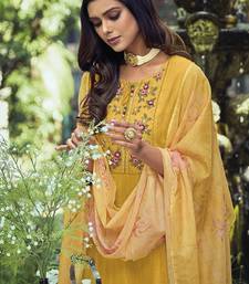 Yellow Yoke Design Thread Work Pure Cotton Kurta With Trousers & Dupatta