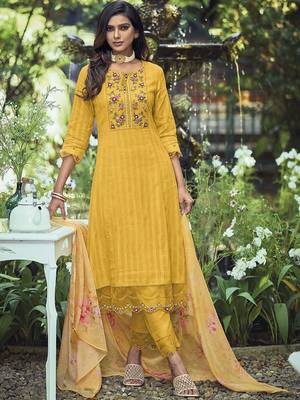 Yellow Yoke Design Thread Work Pure Cotton Kurta With Trousers & Dupatta 1