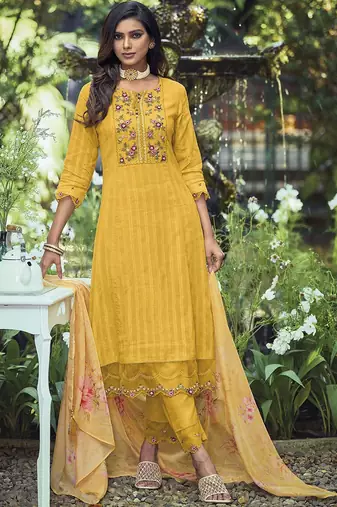 Yellow Yoke Design Thread Work Pure Cotton Kurta With Trousers & Dupatta