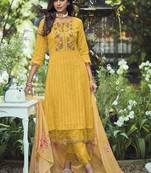 Yellow Yoke Design Thread Work Pure Cotton Kurta With Trousers & Dupatta