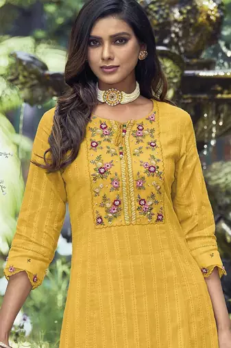 Yellow Yoke Design Thread Work Pure Cotton Kurta With Trousers & Dupatta