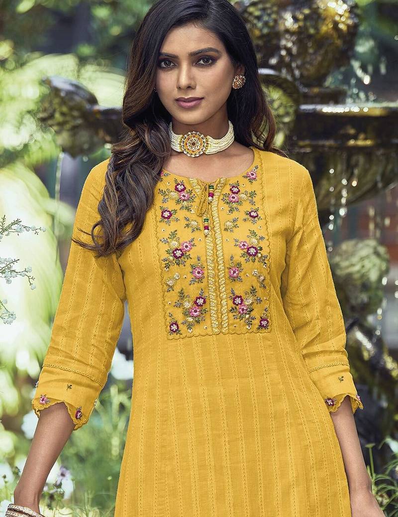 Yellow Yoke Design Thread Work Pure Cotton Kurta With Trousers & Dupatta