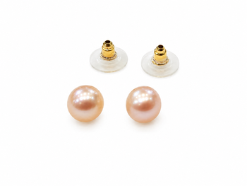 Pink freshwater pearl stud earrings with gold-tone backs 3