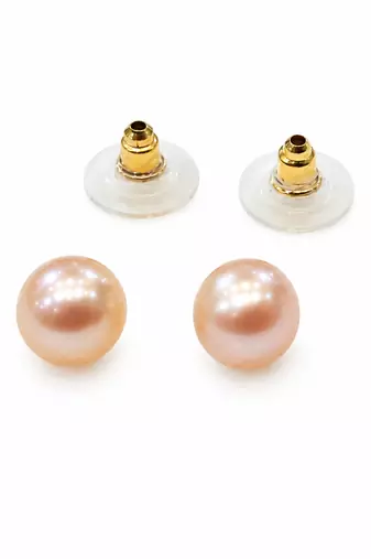 Pink freshwater pearl stud earrings with gold-tone backs