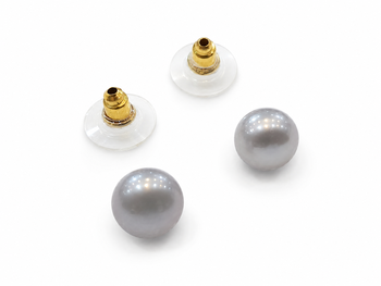 Grey pearl stud earrings with gold-tone backs, round 1