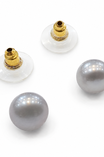 Grey pearl stud earrings with gold-tone backs, round