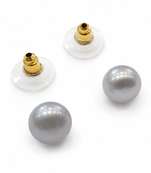 Grey pearl stud earrings with gold-tone backs, round