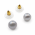 Grey pearl stud earrings with gold-tone backs, round