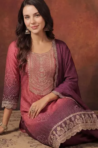 Women Bandhani Printed Regular Sequinned Kurta with Trousers & With Dupatta