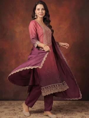 Women Bandhani Printed Regular Sequinned Kurta with Trousers & With Dupatta 1
