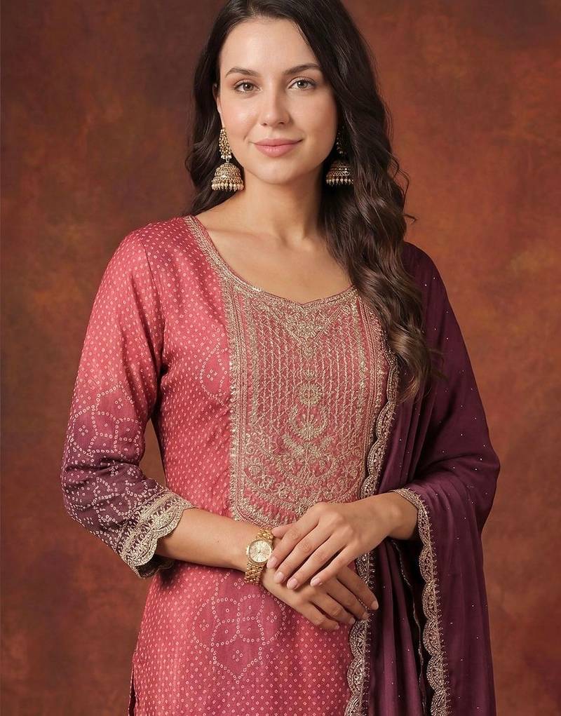 Women Bandhani Printed Regular Sequinned Kurta with Trousers & With Dupatta