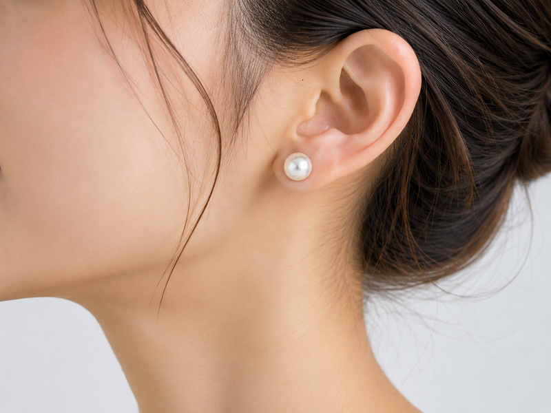 White pearl stud earrings with gold-tone push back clasps