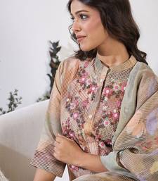Floral Printed Thread Work Chanderi Silk Kurta with Trouser & Dupatta