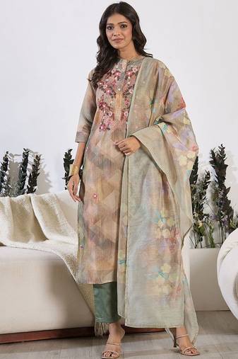 Floral Printed Thread Work Chanderi Silk Kurta with Trouser & Dupatta