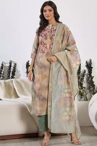 Floral Printed Thread Work Chanderi Silk Kurta with Trouser & Dupatta