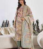 Floral Printed Thread Work Chanderi Silk Kurta with Trouser & Dupatta