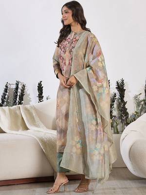 Floral Printed Thread Work Chanderi Silk Kurta with Trouser & Dupatta 4