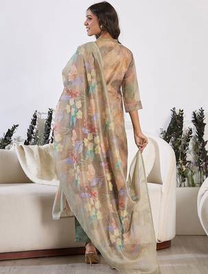 Floral Printed Thread Work Chanderi Silk Kurta with Trouser & Dupatta 5