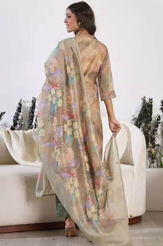 Floral Printed Thread Work Chanderi Silk Kurta with Trouser & Dupatta