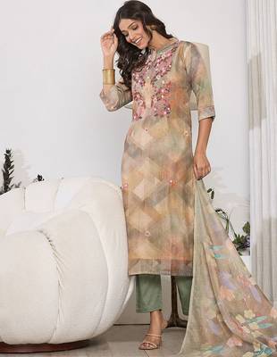 Floral Printed Thread Work Chanderi Silk Kurta with Trouser & Dupatta 6