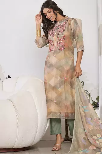 Floral Printed Thread Work Chanderi Silk Kurta with Trouser & Dupatta