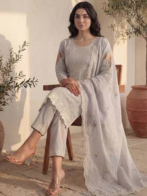 Women Floral Embroidered Regular Thread Work Pure Cotton Kurta with Trousers & With Dupatta 1